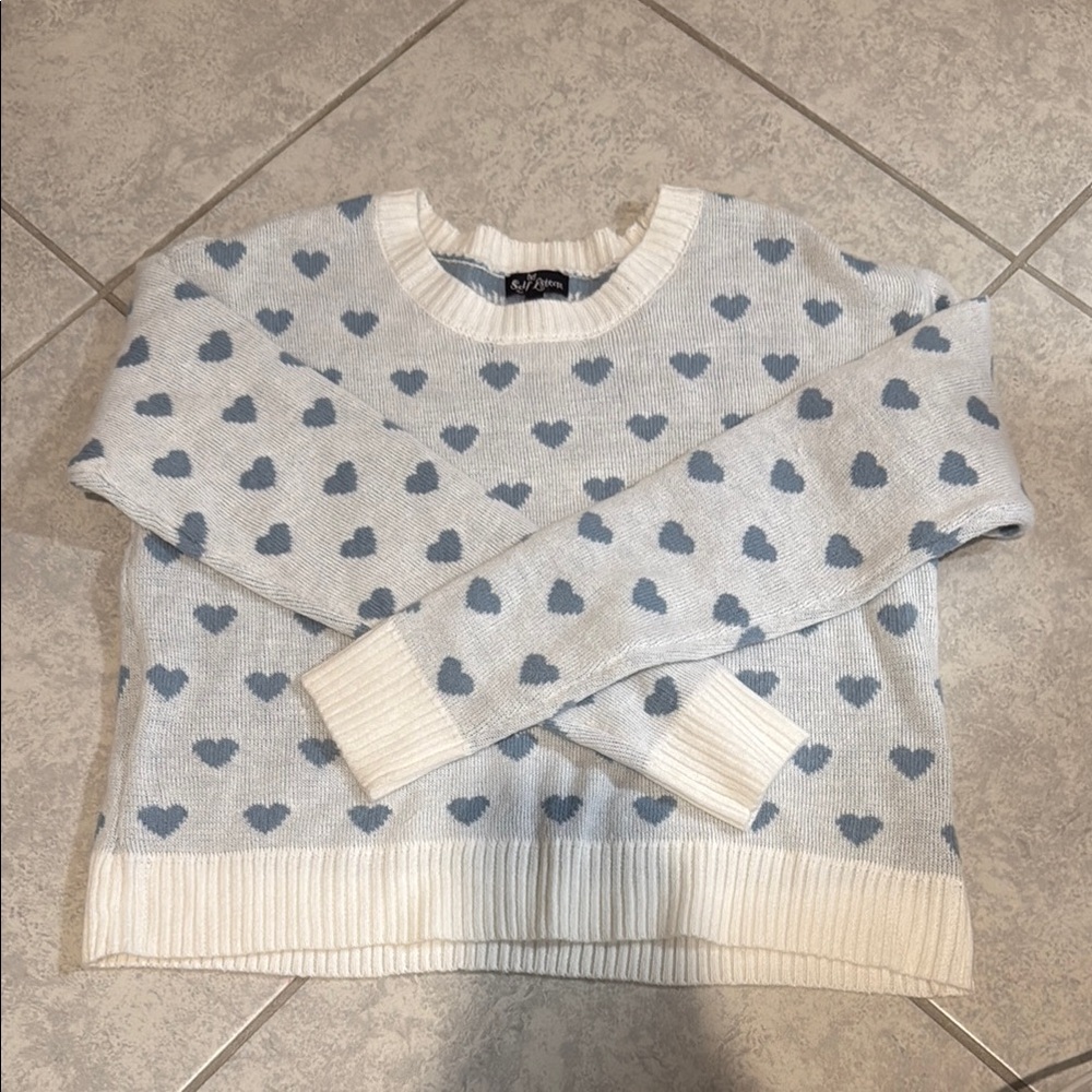 Self Esteem Light blue and Blue Crew Neck Sweater with Heart Pattern